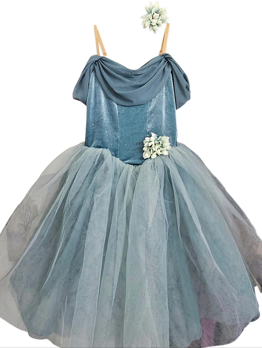 Weissman Studio Exclusive Teal Glitter Velvet Ballet Tutu Dress & Floral Clip MC